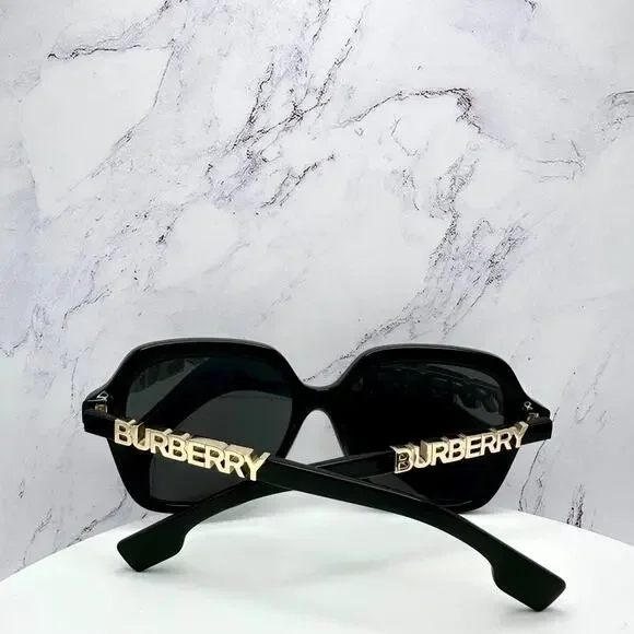 New Burberry Sunglasses Black Square Gold Metal Cut Out BURBERRY Logo Womens - Picture 14 of 16